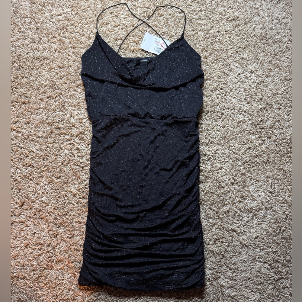 Black Glitter Ruched Dress